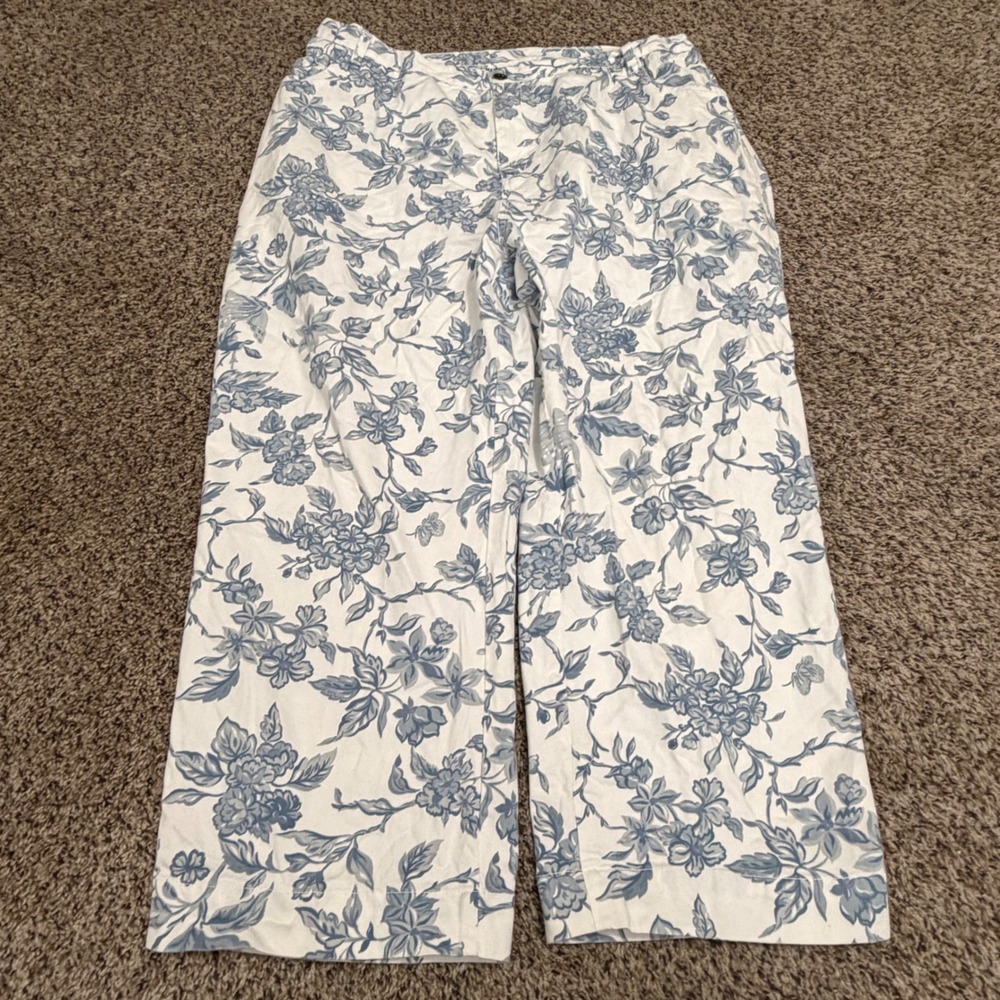 Mainstreet Blues Womens 22W Blue White Floral Toile Cotton Straight Leg Pants